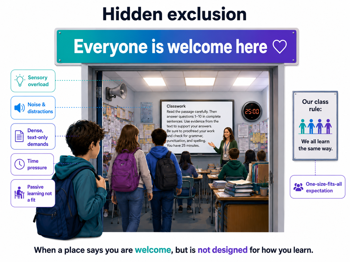 Educational infographic titled Hidden exclusion showing a classroom with an “everyone is welcome here” sign, a teacher at the front, and hidden barriers such as sensory overload, noise and distractions, dense text-only demands, time pressure, passive learning, and one-size-fits-all expectations.